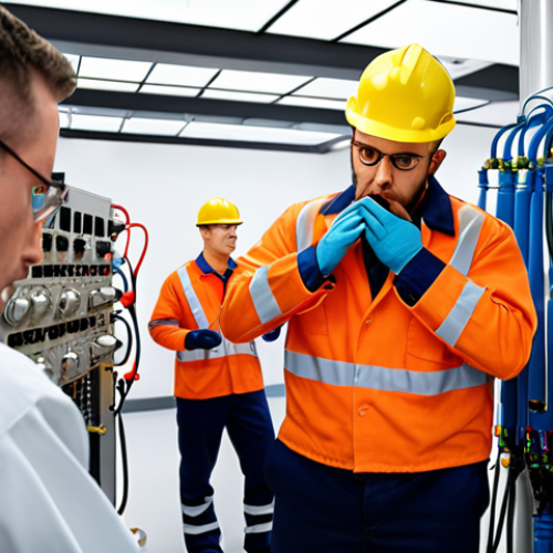 Home 4 ** A stressed technician during a gas equipment exam, surrounded by examiners. Focus on anxiety and the feeling of being overwhelmed.
**