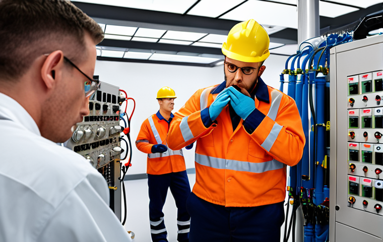 ** A stressed technician during a gas equipment exam, surrounded by examiners. Focus on anxiety and the feeling of being overwhelmed.

**