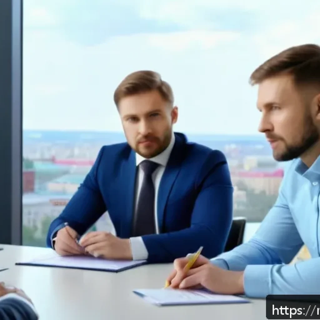 가스 자격증 연봉 협상 전략 - A professional business negotiation scene in a modern Russian office setting, featuring a mid-30s ma...