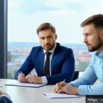 가스 자격증 연봉 협상 전략 - A professional business negotiation scene in a modern Russian office setting, featuring a mid-30s ma...
