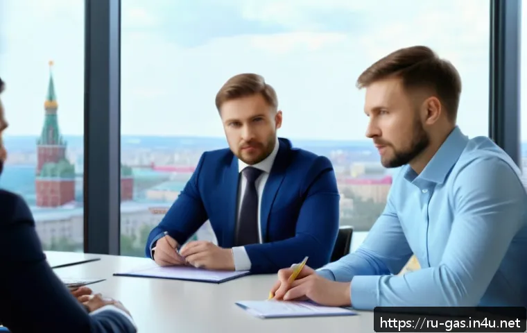 가스 자격증 연봉 협상 전략 - A professional business negotiation scene in a modern Russian office setting, featuring a mid-30s ma...