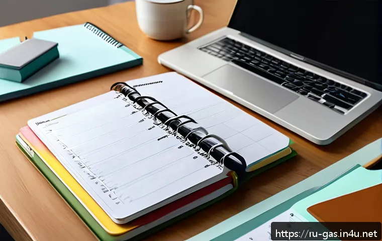 가스 자격증 필기 합격 전략 - A modern study desk setup in a cozy home office with a realistic, well-organized planner open to a d...