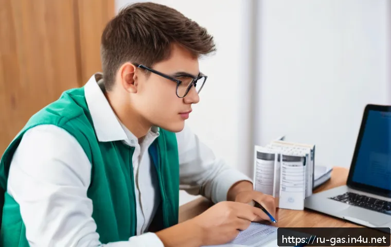 가스 자격증 합격을 위한 모의시험 활용법 - A professional study environment showing a young adult male of Russian ethnicity preparing for a gas...