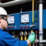 가스 자격증 취득 후 현업에서 쓰이는 도구 - A professional gas technician in a high-tech industrial setting, wearing safety gloves, protective m...