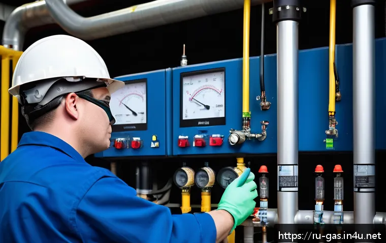 가스 자격증 취득 후 현업에서 쓰이는 도구 - A professional gas technician in a high-tech industrial setting, wearing safety gloves, protective m...