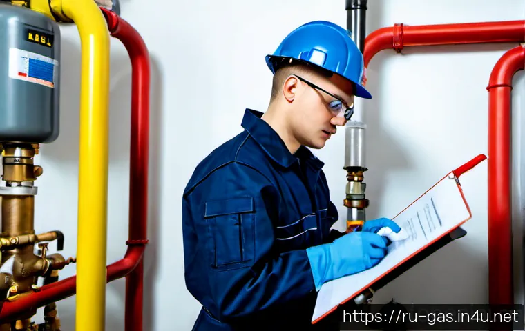가스 자격증 실기 채점 기준 분석 - Photorealistic Russian vocational gas technician practical examination, adult trainee in clean navy ...