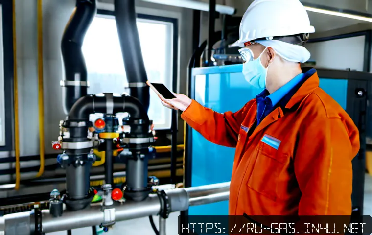 Home 17 가스 자격증 관련 기술 트렌드 전망 - Photorealistic Russian gas industry training center, a middle-aged technician in clean protective co...